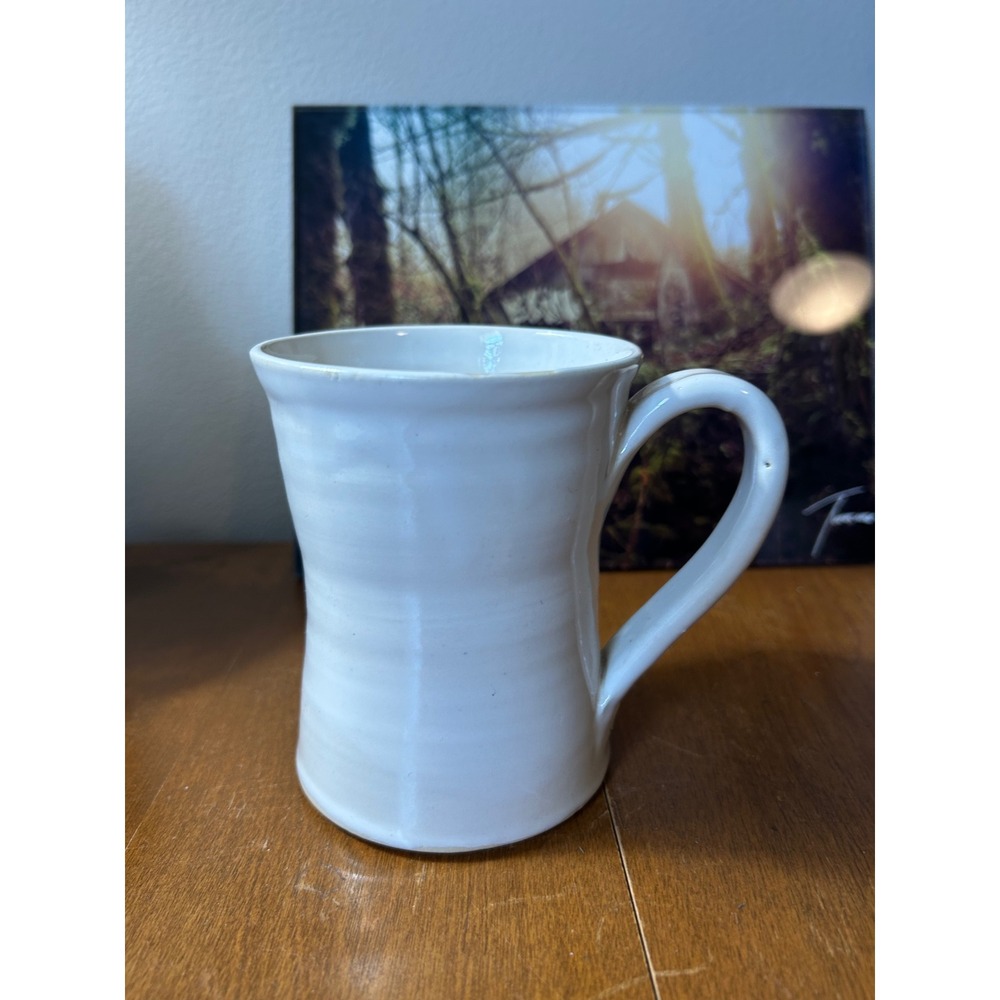 Handmade Studio Pottery White Glazed Mug SP Signed Ribbed Ceramic Coffee Cup 5in